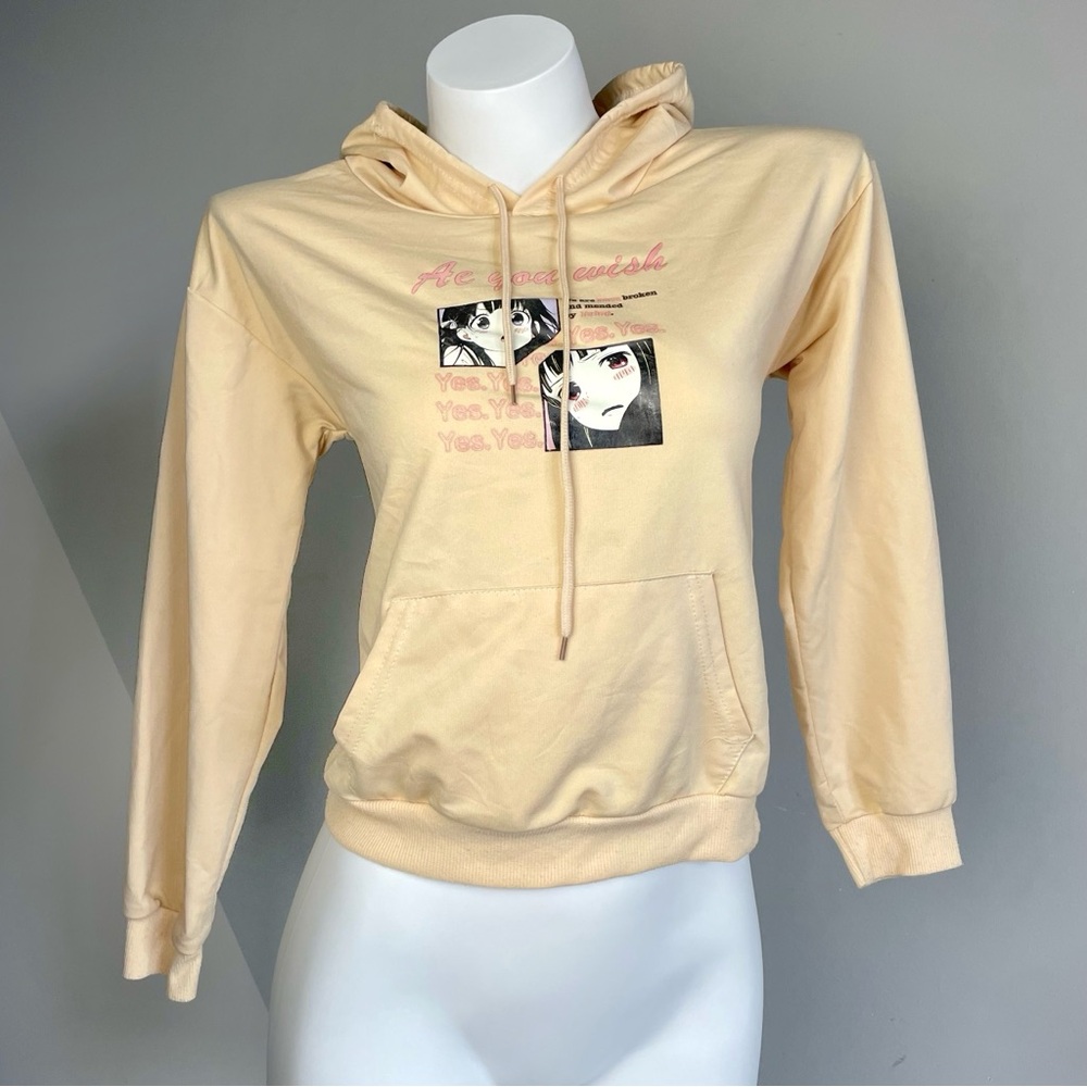 Cream Kawaii Graphic Cropped Hoodie